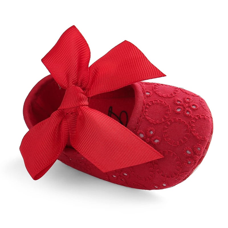 Estamico Baby Girls Princess Bowknot Soft Sole Cloth Crib Shoes Sneaker Red, 12-18 Months - Image 1